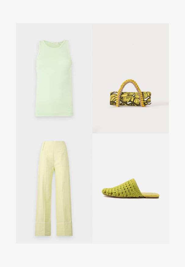 Débardeur vert clair sans manches avec encolure ronde, tissu lisse et détail subtil du logo sur l'ourlet inférieur.; Pantalon large en tissu jaune pâle avec une texture lisse. Dispose d'une taille haute et d'une couture contrastante le long de l'ourlet.; Mule en tissu vert à enfiler avec semelle plate et bout pointu fermé, conçue pour un usage décontracté.; Sac rectangulaire avec motif floral jaune et noir et anse tressée jaune et rose sur fond blanc.