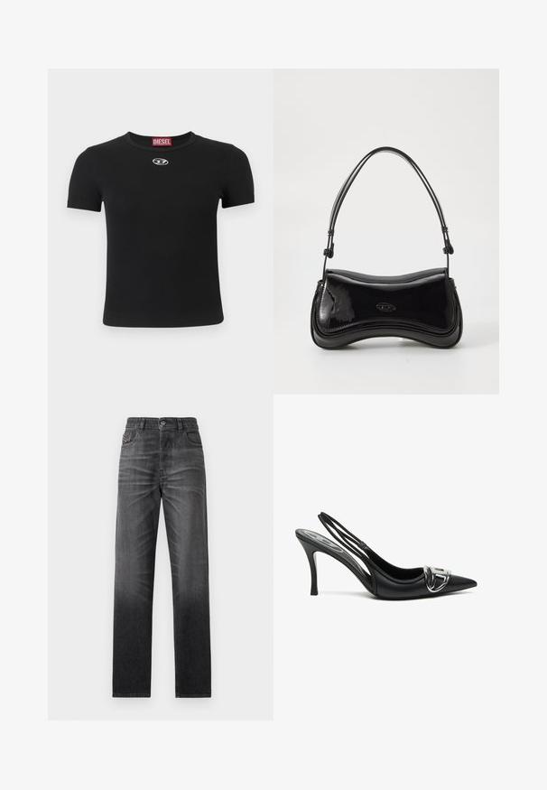 Sort ribbet t-shirt med korte ærmer, der har rund halsudskæring og et lille sølvfarvet logodetalje midt foran.; Sorte jeans i denim med lige snit, fem-lommer-design og subtil falmning. Har knaplukning og et broderet logo på lommen.; Sorte slingback højhælede sko med spids tå, der har en skinnende sølvspænde detalje og en slank hæl. Glat lædertekstur, minimalistisk design.; Sort patentlæder håndtaske med en buet form, et enkelt håndtag og en rund bund. Har en subtil logo-detalje på forsiden.