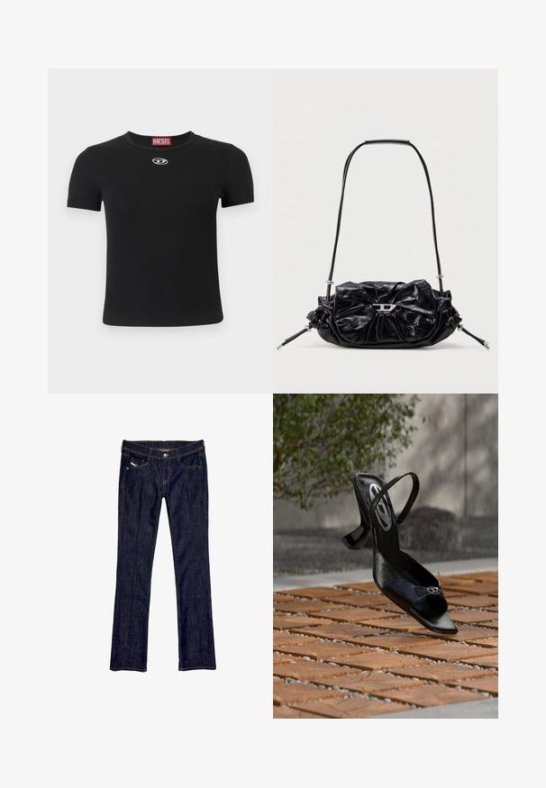 Schwarzes, geripptes T-Shirt mit kurzen Ärmeln, einem Rundhalsausschnitt und einem kleinen silbernen Logodetail in der Mitte vorne.; Dunkelblaue Denim-Jeans mit geradem Bein, ausgestattet mit einer vorderen Knopfverschluss, fünf Taschen und sichtbaren Nähten entlang der Nähte.; Schwarzer Slingback-Pumps mit hohem Absatz, strukturiertem Muster und kleinem Emblem auf der Spitze, schwebt über einem Boden aus Holzkacheln im Freien.; Schwarze Lederhandtasche mit gerafftem Design und Schleifendetail auf der Vorderseite. Verfügt über einen kurzen Griff und silberne Hardware-Akzente.