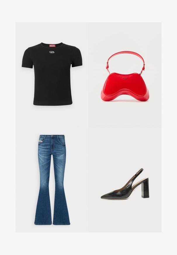 Sort ribbet t-shirt med korte ærmer, der har rund halsudskæring og et lille sølvfarvet logodetalje midt foran.; Flared jeans i mellemblå denim med høj talje, fem-lomme design og subtile whiskering-detaljer ved lårene.; Sort læder peep-toe slingback sko med høj blokhæl og beige indvendig foring mod en ensfarvet lys baggrund.; Rød taske i laklæder med en buet, ergonomisk form, der har en tynd justerbar rem og en diskret logodetalje foran.