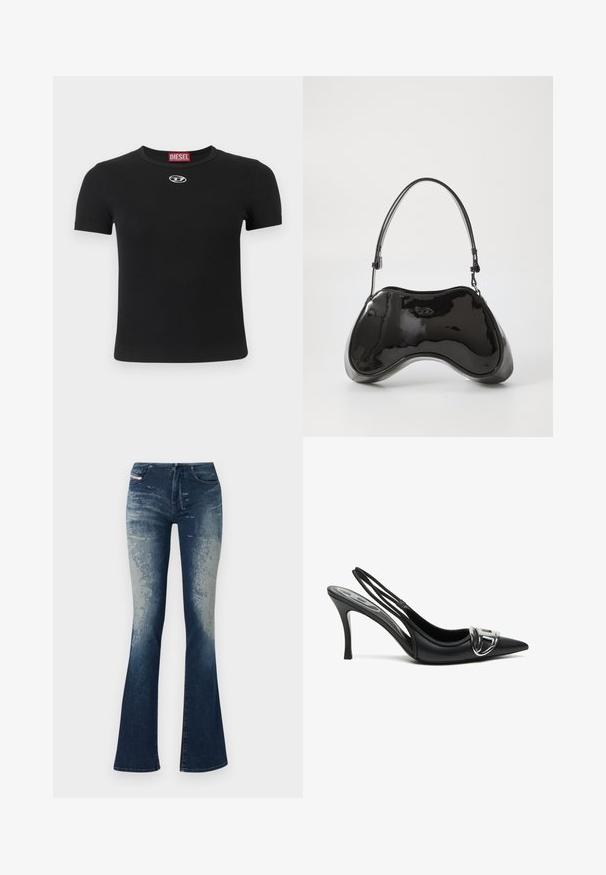 T-shirt noir côtelé à manches courtes, avec un col rond et un petit logo argenté au centre devant.; Jean en denim évasé avec un bleu foncé délavé, surface texturée et fermeture éclair. Design à cinq poches avec étiquette de marque.; Talons hauts slingback noirs avec un embout pointu, présentant un détail de boucle en argent brillant et un talon fin. Texture en cuir lisse, design minimaliste.; Sac à main en cuir verni noir avec une forme incurvée unique, une anse courte et ajustable, et une fermeture zippée. Texture lisse avec un branding discret.