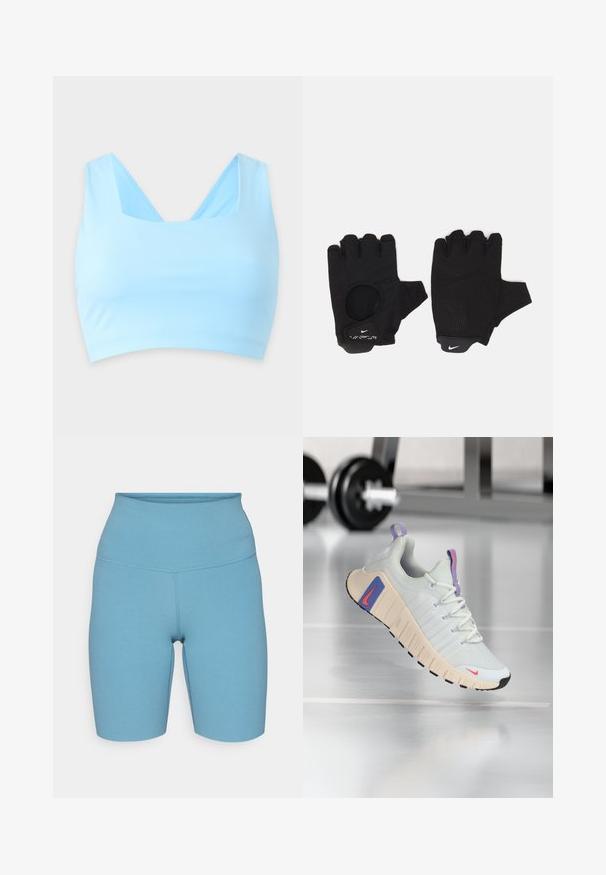 Hellblauer Sport-BH mit breiten Trägern und quadratischem Ausschnitt, entworfen für aktive Bewegung.; Hochtaillierte blaue Shorts aus dehnfähigem Material, mit flachen Nähten und glatter Oberfläche, entworfen für Komfort und Beweglichkeit.; Sneaker mit einem oberteil aus leicht grauem Mesh, gepolstertem Kragen und strukturiertem cremfarbenem Sohlen. Verfügt über rosa und blaue Akzente sowie eine schwarze Gummisohle.; Schwarze fingerlose Handschuhe mit einem strukturierten Design. Hergestellt aus einem atmungsaktiven Material, mit einem Daumenloch und verstärktem Handballen für besseren Grip.