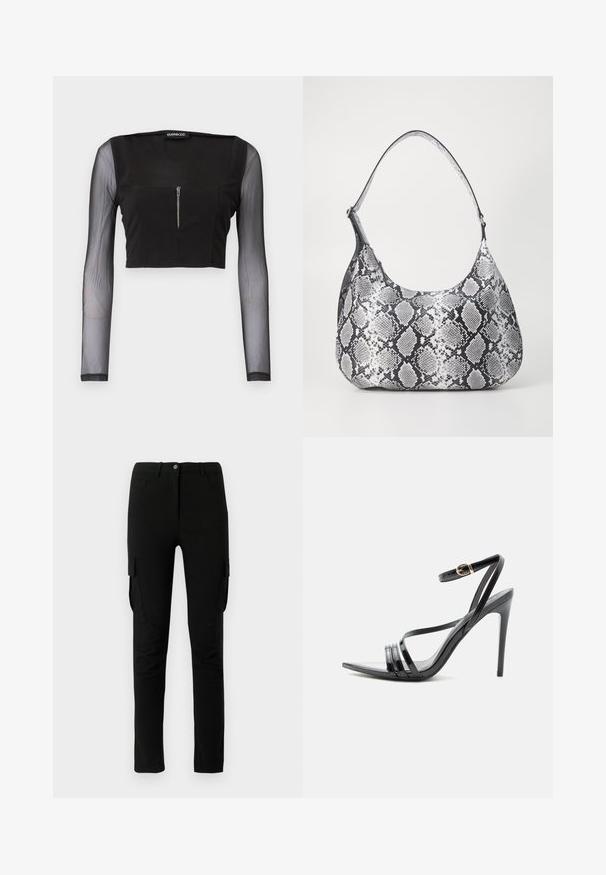 Zwart crop top met een vierkante halslijn, gemaakt van ondoorzichtige stof en voorzien van doorschijnende lange mouwen. Een rits aan de voorkant voegt detail toe aan het ontwerp.; Zwarte cargobroek met een slim fit, voorzien van zijzakken, een knoopsluiting en een gladde, licht gestructureerde stof.; Zwarte sandaal met hoge hak en dunne bandjes over de tenen en om de enkel, met een gouden gesp op een slanke naaldhak.; Zwart-witte slangenprint schoudertas met een afgeronde vorm, een gladde textuur en een ronde strap. Voorzien van een zilveren hardwareaccent.
