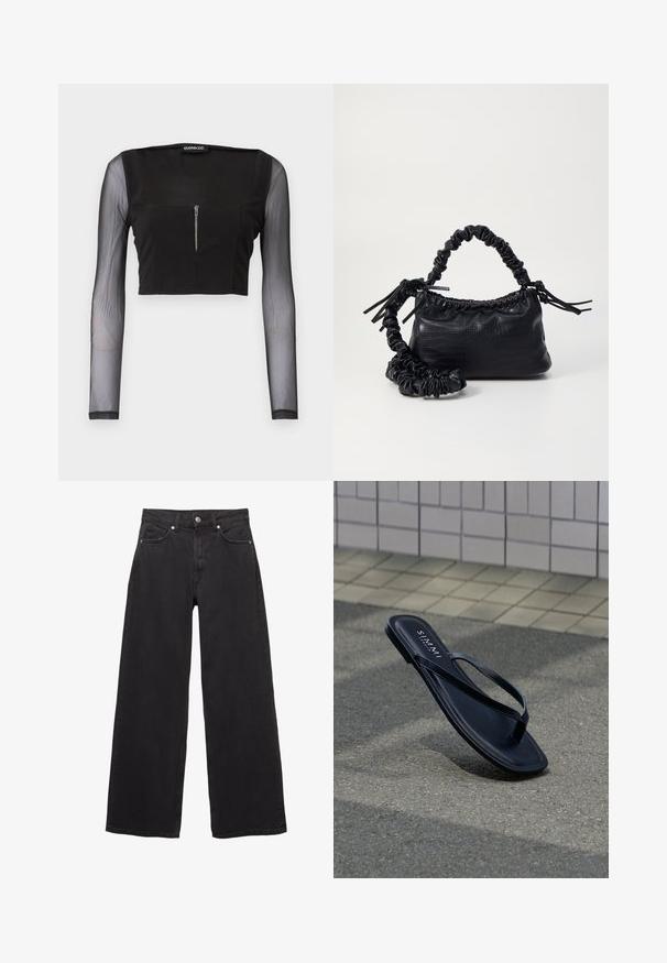 Sort crop top med firkantet halsudskæring, fremstillet i uigennemsigtigt stof med gennemsigtige lange ærmer. Frontlynlås tilføjer detalje til designet.; Sorte denim-jeans med brede ben, høj talje, fem lommer og knappelukning med diskrete syningsdetaljer.; Sort læder-flipflop-sandal med tynde remme, der ligger på gråt fortov nær flisevæg, mærket med "S. MAMMI" indersål-tekst.; Sort kunstlæder håndtaske med krokodilteksur, indsnøret top og en sammenkrøben rem. Ser blød og kompakt ud i designet.