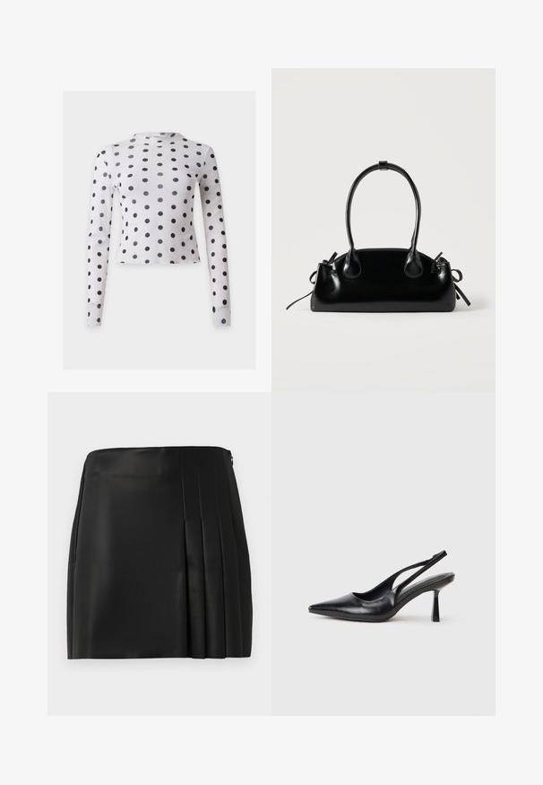 Witte crop top met lange mouwen met zwarte polkadots gelijkmatig verdeeld over de stof.; Zwarte neplederen mini-jurk met een gladde voorkant en plissé-detail aan de rechterzijde, voorzien van een ritsluiting aan de achterkant.; Zwarte leren slingback hoge hak schoenen met puntige neus en slanke hak op een witte achtergrond.; Kleine zwarte glanzende handtas met twee lange hengsels en zijkant trekkoord details op een effen lichte achtergrond.