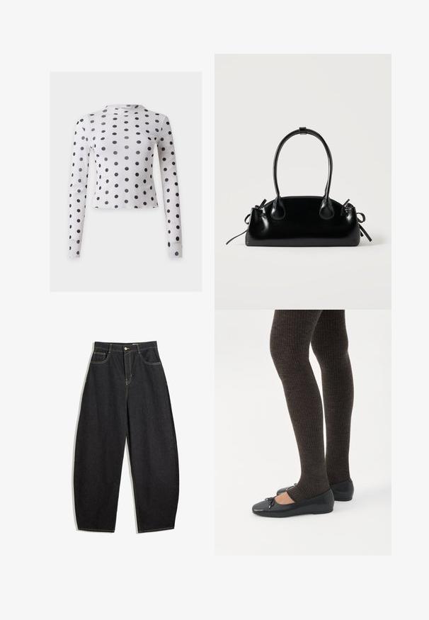 Witte crop top met lange mouwen met zwarte polkadots gelijkmatig verdeeld over de stof.; Zwarte denim wijde pijpenbroek met een hoge taille, voorzien van gele stiksels, twee voorkruiken en een enkele knoopsluiting.; Benen met donkere geribbelde leggings gecombineerd met zwarte ballerina's met kleine strikdetails op een witte achtergrond.; Kleine zwarte glanzende handtas met twee lange hengsels en zijkant trekkoord details op een effen lichte achtergrond.