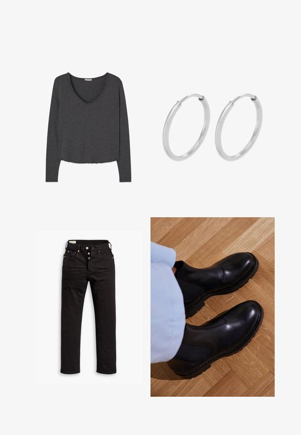 Mørkegrå langærmet cropped skjorte med en bred rund halsudskæring og rå kant på kant og ærmekanter.; Sorte lige jeans med knaplukning, front- og baglommer samt kobbernitte detaljer på en hvid baggrund.; Sorte ankelstøvler lavet af glat læder med elastiske sidepaneler, en tekstureret gummisål og kontraststing langs kanten.; Sølv hoops øreringe, cirkulær form, glat skinnende tekstur og ensartet bredde hele vejen igennem. Minimalistisk design uden yderligere accenter.