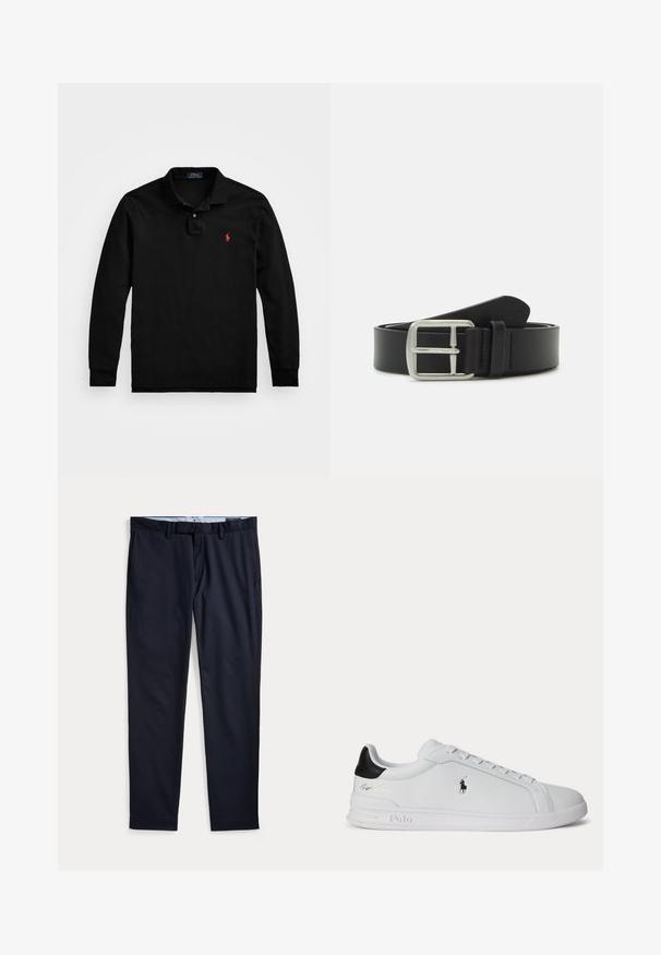 Camisa polo negra de manga larga hecha de algodón. Cuenta con un cuello clásico, tapeta de tres botones y un logo rojo bordado en el pecho.; Pantalones de vestir azul marino para hombre con trabillas para cinturón, bragueta con cremallera y bolsillos laterales, extendidos planos sobre un fondo blanco.; Zapatilla blanca de corte bajo con lengüeta trasera negra, cordones y logo de Polo Ralph Lauren en el lateral, con detalles en relieve en la suela.; Cinturón de cuero negro con hebilla metálica plateada, textura suave y diseño elegante con punta afilada y detalles cosidos.