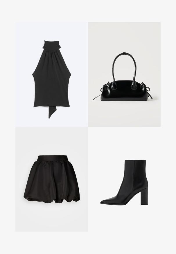 Haut noir sans manches avec col montant froncé et détail asymétrique à l'ourlet pointu.; Jupe en satin noir avec une large ceinture, présentant une forme bulle volumineuse. Texture lisse sans motifs ni détails en métal visibles.; Bottine en cuir noir à bout pointu, talon haut carré et finition lisse. Design simple aux lignes épurées, sans éléments métalliques visibles.; Petit sac à main noir brillant avec deux longues anses et des détails à cordon sur les côtés sur un fond clair uni.
