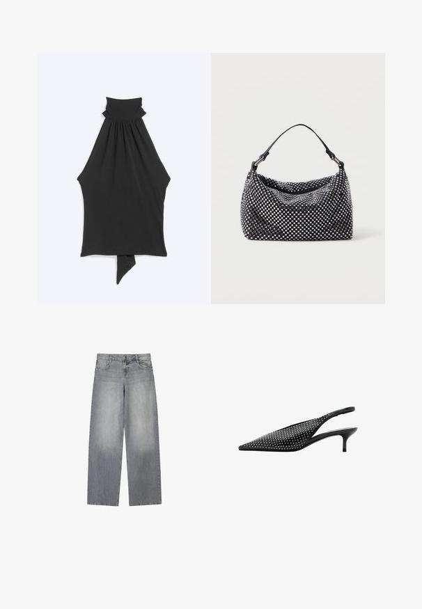 Haut noir sans manches avec col montant froncé et détail asymétrique à l'ourlet pointu.; Jean en denim gris à jambes larges avec une finition légèrement décolorée, doté de cinq poches, d'une fermeture à bouton à l'avant et de passants de ceinture.; Escarpin slingback noir à bout pointu avec petit talon kitten bas et ornements en clous argentés recouvrant la tige.; Sac noir et argent avec une surface tissée et texturée présentant des motifs carrés, une seule poignée supérieure et un design décontracté.