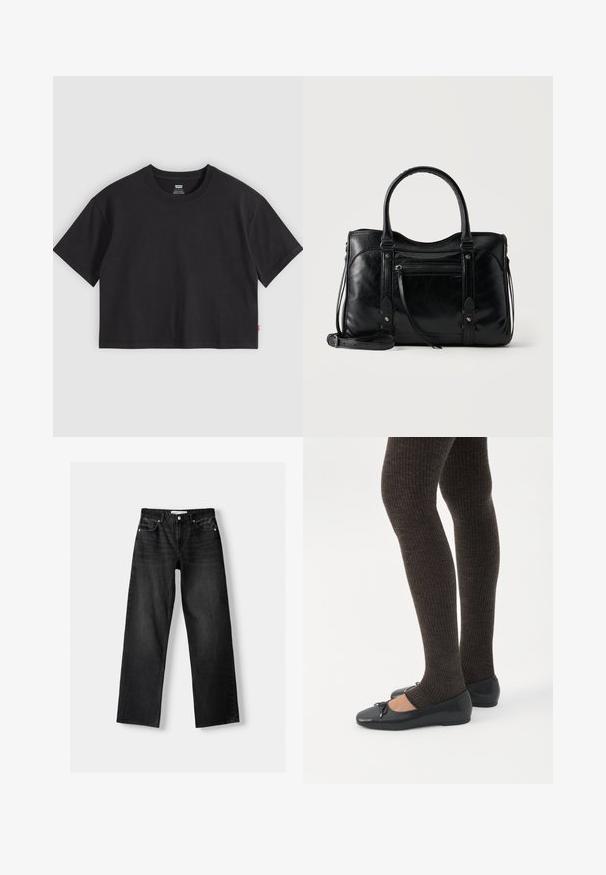 Schwarzes, kurzärmeliges T-Shirt mit Rundhalsausschnitt und kleinem roten Levi's-Label an der Seitennaht, flach auf einem hellgrauen Hintergrund liegend.; Bershka Jeans Straight Leg - mottled dark grey; Beine in dunklen, gerippten Leggings kombiniert mit schwarzen Ballerinas mit kleinen Schleifendetails auf weißem Hintergrund.; Schwarze Lederhandtasche mit zwei Griffen, vorderer Reißverschlusstasche, dekorativen Riemen und abnehmbarem Schulterriemen auf hellem Hintergrund.