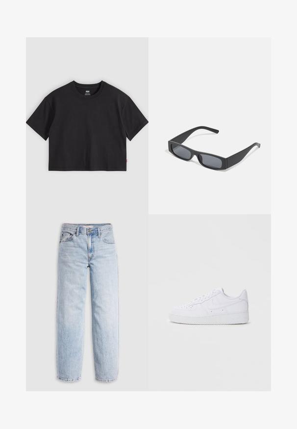 Zwarte cropped T-shirt met korte mouwen en ronde hals en een klein rood Levi's-label op de zijnaden, plat gelegd op een lichtgrijze achtergrond.; Lichtblauwe spijkerbroek met hoge taille, losvallende pasvorm, rechte pijpen en een klassiek ontwerp met vijf zakken. Zichtbare vervaging en stikseldetails.; Witte Nike Air Force 1 sneakers met een leren bovenwerk, ronde neus, vetersluiting, gewatteerde kraag en textuurrubberzool.; Zwarte rechthoekige zonnebril met donkere lenzen en dikke matte monturen. De zijstukken zijn licht taps toelopend met een gladde textuur.