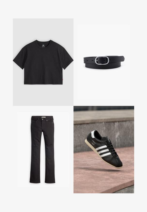Zwarte cropped T-shirt met korte mouwen en ronde hals en een klein rood Levi's-label op de zijnaden, plat gelegd op een lichtgrijze achtergrond.; Zwarte jeans van denim, met een recht toelopende pijp, standaard taille, vijf zakken en subtiele stiksels.; Zwarte leren sneaker met witte strepen en zool, veters gestrikt, zwevend boven een rozeachtig betonnen oppervlak met een grijze stenen muur op de achtergrond.; Zwarte leren riem met een gladde textuur, ovaal zilveren metalen gespsluiting en meerdere verstelgaten langs de band. Platte, minimalistische uitstraling.