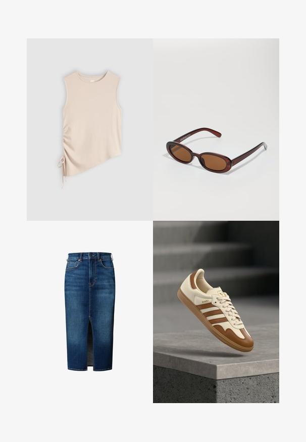 Beige ærmeløs top med rund hals og justerbar sidebinding, der skaber en rynket effekt på den ene side.; Mørkeblå denim midi nederdel med frontslids, knaplukning, bæltestropper og forlommer.; Klassisk sneaker med øverste del i cremefarvet læder, brune accenter, tre striber og en tekstureret gummisål. Har en rundet snude og snørelukning.; Runde, bruntonede solbriller med en glansfuld bordeauxramme. Slanke arme med diskret brandingdetalje. Flad linsedesign.