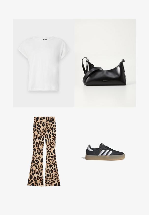 Camiseta blanca de manga corta con escote redondo y detalles de encaje en los hombros. Hecha de una tela suave y ligera.; Pantalones acampanados de estampado de leopardo que presentan una textura acanalada, en colores beige y negro, con patrones de manchas variables a lo largo de la tela.; Zapatilla deportiva de cuero negro con tres rayas plateadas, punta texturizada y suela de goma. Cuenta con un collar acolchado y un diseño con cordones.; Bolso de mano de cuero negro con una textura suave. Cuenta con una correa ajustable y un diseño elegante y minimalista con cierre de cremallera.