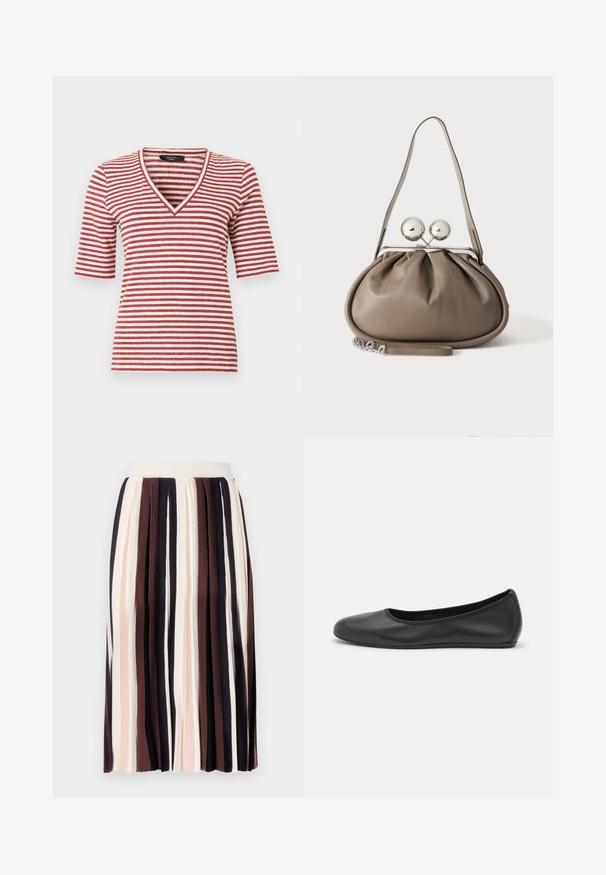 Chemise à manches courtes avec des rayures horizontales rouges et blanches et un col en V, présentée sur un fond blanc.; Jupe plissée à rayures verticales dans des nuances de marron foncé, rose clair et crème, avec une taille ajustée et un tissu doux et texturé.; Ballerines en cuir noir avec un bout rond, texture lisse, détails de couture minimalistes et design de semelle flexible.; Sac à main en cuir gris de forme arrondie, fermeture supérieure avec deux grandes sphères argentées, et une seule anse.