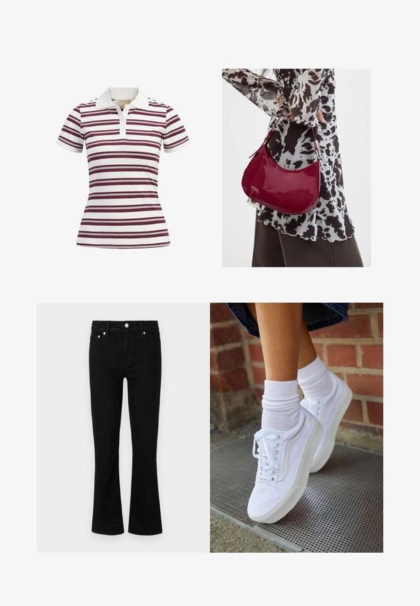 Polo à manches courtes avec des rayures horizontales bordeaux et blanches, fabriqué en tissu doux avec un col classique et un patte de boutonnage à trois boutons.; Jean en denim noir évasés avec une taille ajustée, design à cinq poches et accents en métal argenté, présentant une texture lisse et une longueur standard.; Baskets en toile blanches avec semelles en caoutchouc, dotées de six œillets, d'un bout rond et de détails de couture légers, portées avec des chaussettes blanches mi-mollet.; Femme portant un chemisier à motif noir et blanc tenant un sac à main rouge brillant sur un fond uni.