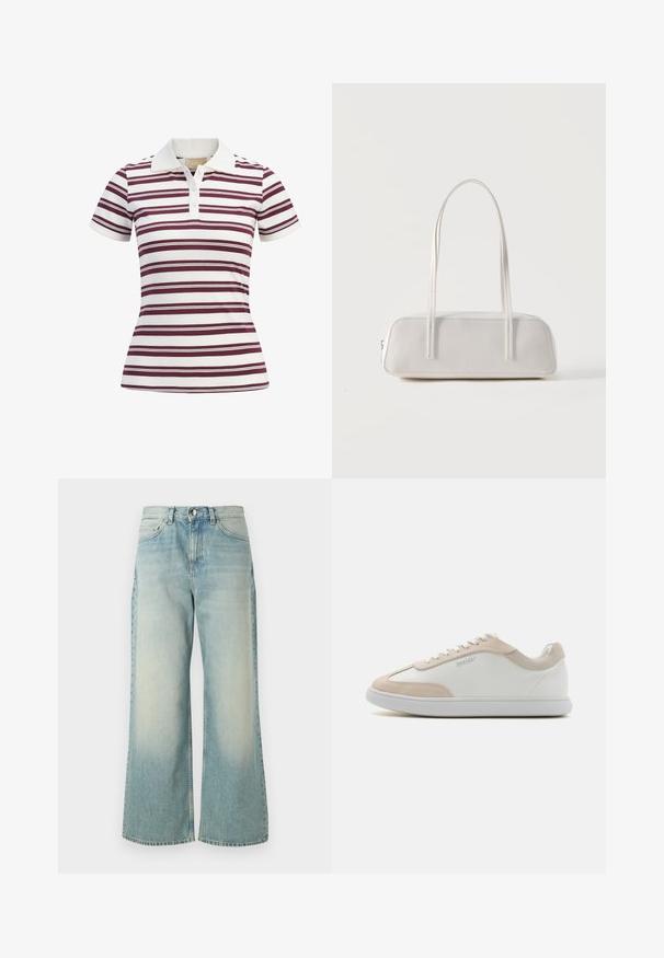 Kortærmet polo-shirt med vandrette maroon- og hvide striber, lavet af blødt stof med klassisk krave og tre-knaps lukning.; Lyseblå vide jeans lavet af denim, med en afdæmpet vask, klassisk fem-lomme design og en frontknaplukning.; Hvide lædersneakers med beige ruskindsdetaljer og hvide snøringer. Har en rund tå og en polstret sål for komfort.; Hvid rektangulær skuldertaske med lange tynde stropper, minimal syning og lynlåslukning på en ensfarvet baggrund.