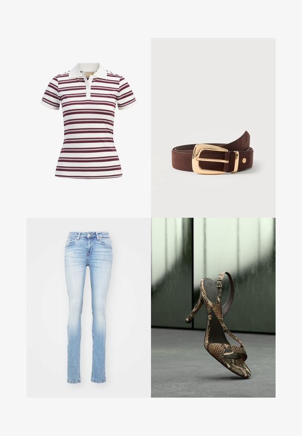 Polo de manga corta con rayas horizontales en color burdeos y blanco, hecho de tejido suave, con un cuello clásico y tapeta de tres botones.; Jeans ajustados de color azul claro, hechos de denim, con una cintura de altura media, cinco bolsillos y un ligero desgastado en los muslos y las rodillas.; Sandalia de tacón alto con estampado de serpiente en marrón y negro, con correa en el tobillo y hebilla, mostrada sobre un fondo borroso en tonos verdes y grises.; Cinturón de cuero marrón enrollado con una hebilla rectangular dorada brillante y un pequeño logo metálico redondo cerca de la punta.