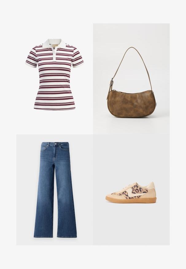 Kortærmet polo-shirt med vandrette maroon- og hvide striber, lavet af blødt stof med klassisk krave og tre-knaps lukning.; Bredde ben blå denimjeans med en standard talje, forlommer og en glat tekstur. Ingen synlige mønstre eller udsmykninger.; Leopardprint sneakers med beige ruskindsoverdel, tan gummisål og hvide detaljer. Rund pegefinger og snørebåndsdesign med en tekstureret finish.; Brun faux læder skuldertaske med en buet form, en enkelt strop, kontrasterende syninger og en lynlåslukning langs den øverste kant.