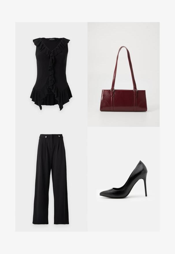 Schwarze, ärmellose, taillierte Bluse mit V-Ausschnitt, Rüschensaum am Ausschnitt, vorne und am Saum, mit dem Label „Anna Field“ innen am Kragen.; Schwarze weite Hose mit glatter Textur, hoher Taille, vorderen Falten und metallischen Knopfakzenten.; Schwarze Leder-Pumps mit hohen Absätzen, spitz zulaufender Zehenpartie und glatter Textur. Verfügt über einen schmalen Stiletto-Absatz und ein tief ausgeschnittenes Obermaterial.; Burgunderfarbene Handtasche aus glänzendem Material, rechteckige Form, mit zwei Schulterriemen und subtilen, geschwungenen Akzenten an der Vorderseite.