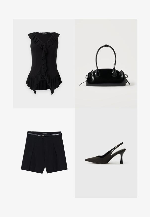 Blusa negra ajustada sin mangas con escote en V, detalle de volantes a lo largo del escote, el frontal y el bajo, con etiqueta "Anna Field" en el interior del cuello.; Shorts negros a medida con pliegues, que cuentan con un cinturón negro delgado con hebilla dorada. Elaborados en un tejido suave, ofrecen un aspecto pulido.; Zapatos de tacón negro tipo slingback con puntera afilada, acabado mate suave y un tacón delgado y brillante. Correa ajustable con detalle de hebilla pequeña.; Pequeño bolso negro brillante con dos asas largas y detalles de cordón lateral sobre un fondo claro liso.