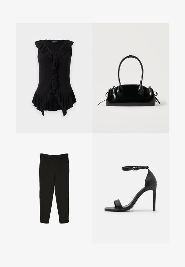Black sleeveless fitted blouse with V-neck, ruffled trim along neckline, front, and hem, featuring label "Anna Field" inside collar.; Black trousers made of woven fabric, featuring a straight-cut design, flat front, and cuffs at the ankles for a streamlined look.; Black high-heeled sandal with a sleek design, featuring an ankle strap, open toe, and smooth leather texture.; Small black glossy handbag with two long handles and side drawstring details on a plain light background.