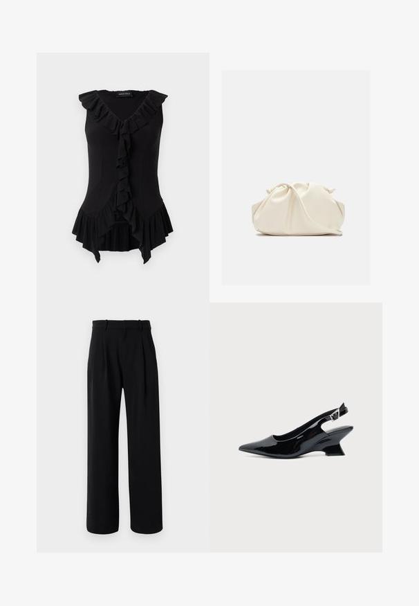 Blusa negra ajustada sin mangas con escote en V, detalle de volantes a lo largo del escote, el frontal y el bajo, con etiqueta "Anna Field" en el interior del cuello.; Pantalones rectos de tiro alto en negro con piernas anchas, presillas para cinturón y pliegues en la parte delantera sobre un fondo blanco.; Zapato slingback de cuero charol negro con puntera puntiaguda y tacón bajo en bloque inclinado sobre fondo claro liso.; Bolso de mano de cuero suave de color crema con diseño fruncido y plisado y una delgada correa para el hombro que descansa delante sobre un fondo liso.