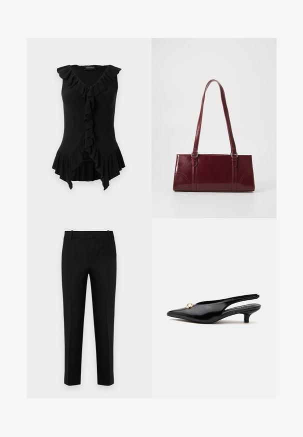 Zwarte mouwloze aansluitende blouse met V-hals, geplooide rand langs de halslijn, voorkant en zoom, met label "Anna Field" binnenin de kraag.; Zwarte slim-fit broek, met een vlakke voorkant, zijzakken en een soepele textuur. Ontworpen met een gemiddelde taillehoogte en taps toelopende pijpen.; Zwarte lakleren slingback kitten heel met een spitse neus en een klein gouden rond ornament bovenop.; Bourgondische handtas van glanzend materiaal, rechthoekige vorm, met twee schouderbanden en subtiele gebogen accenten aan de voorkant.