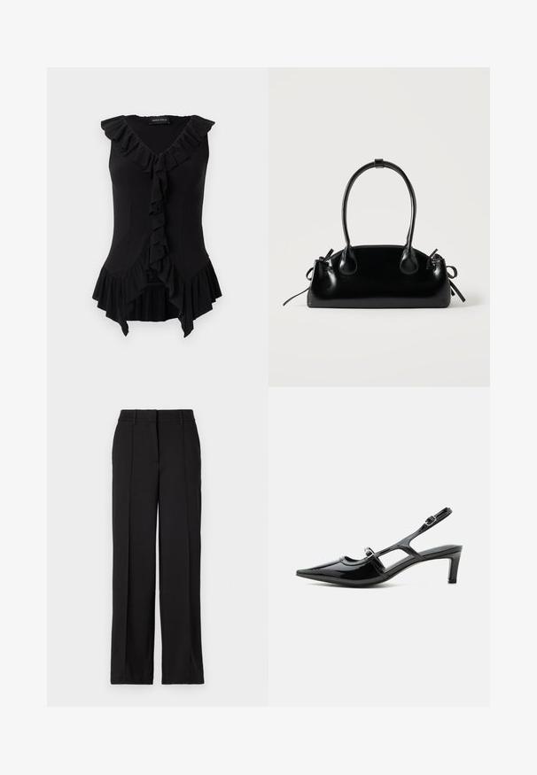 Schwarze, ärmellose, taillierte Bluse mit V-Ausschnitt, Rüschensaum am Ausschnitt, vorne und am Saum, mit dem Label „Anna Field“ innen am Kragen.; Schwarze Hose mit geradem Bein, ausgestattet mit zwei vorderen Falten, einem Bund und ohne sichtbare Taschen oder Verzierungen.; Schwarzer Slingback-Schuh aus Lackleder mit spitzer Kappe, niedrigem Absatz und zwei verstellbaren Schnallenriemen, seitlich dargestellt.; Kleine schwarze glänzende Handtasche mit zwei langen Griffen und seitlichen Kordelzug-Details vor einfachem hellem Hintergrund.