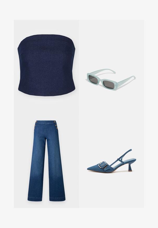 Haut sans manches en denim marine au design ajusté, coutures plates et texture lisse. Aucun élément métallique ou accent visible.; Pantalon en denim bleu foncé à jambes larges. Il présente un devant plat avec cinq boutons dorés pour la fermeture. Texture lisse avec une finition classique.; Pompes slingback en denim avec un bout pointu, une sangle réglable à boucle et un talon bleu brillant. Texture lisse avec une semelle intérieure bleu clair.; Une paire de lunettes de soleil rectangulaires avec des montures translucides bleu clair et des verres gris foncé, présentant des branches droites et des détails matériels minimaux.