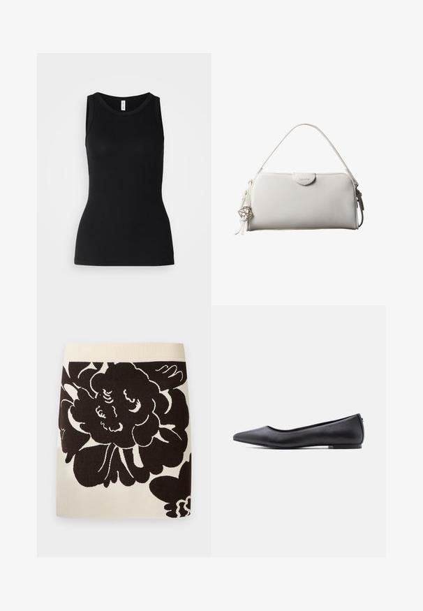 Top sin mangas negro hecho de tela acanalada, con un escote redondo y un diseño ajustado, con una textura suave y sin patrones.; Falda crema con cinturilla ancha acanalada y gran estampado floral negro que cubre la parte delantera del tejido.; Zapato plano de cuero negro con punta puntiaguda y tacón bajo, mostrado de perfil contra un fondo blanco.; Bolso rectangular blanco de Calvin Klein con un solo asa, diseño minimalista y borlas decorativas con un charm metálico geométrico en el lateral.