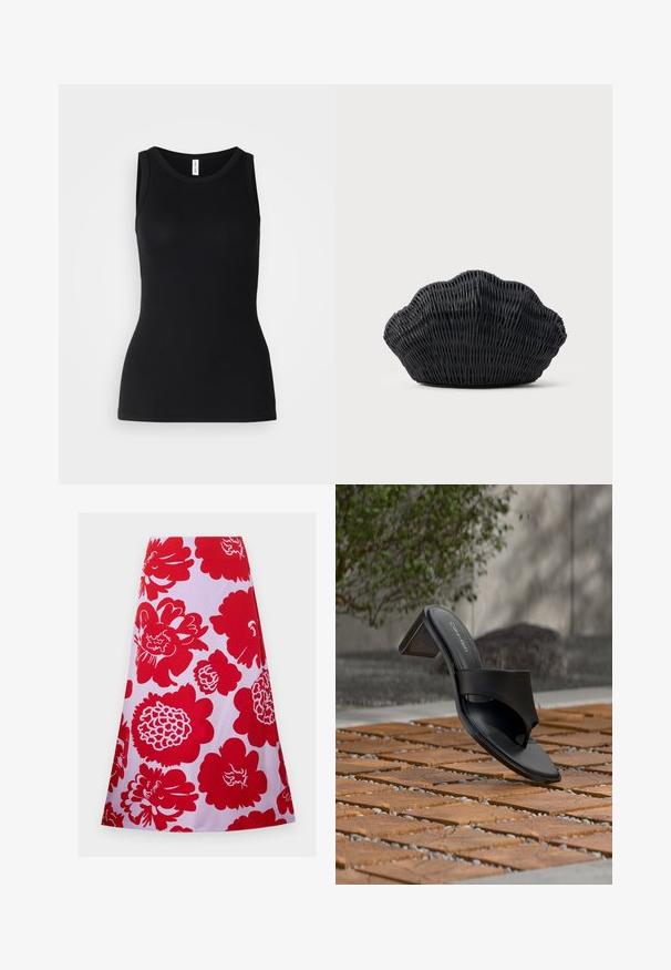 Schwarzes ärmelloses Tanktop aus geripptem Stoff, mit rundem Ausschnitt und figurbetontem Design, glatter Textur und ohne Muster.; Roter Rock mit floralem Muster auf weißem Hintergrund; knielang mit einem ausgestellten Design und glatter Textur. Keine sichtbaren Verschlüsse oder Akzente.; Schwarze Calvin Klein Sandale mit Absatz und Zehenschlaufe auf einem Holzkachelfußboden im Freien neben einem Baum und einer Steinmauer.; Schwarze Korbtasche in Muschelform mit gebogenem Oberteil und gewebter Textur auf einfarbigem Hintergrund.
