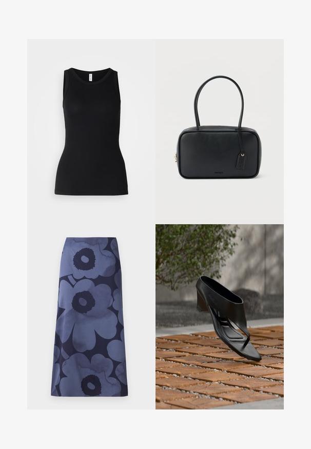 Top sin mangas negro hecho de tela acanalada, con un escote redondo y un diseño ajustado, con una textura suave y sin patrones.; Falda midi con estampado floral que presenta grandes flores azul oscuro sobre un fondo azul más claro; la tela parece suave con una textura ligeramente brillante.; Sandalia negra de tacón alto con tira entre los dedos, flotando sobre una superficie exterior de madera y grava con patrón, con vegetación desenfocada y pared al fondo.; Bolso rectangular negro con asas dobles redondeadas, cremallera dorada y logo "HUGO" en relieve en el frente con etiqueta de cuero adjunta.