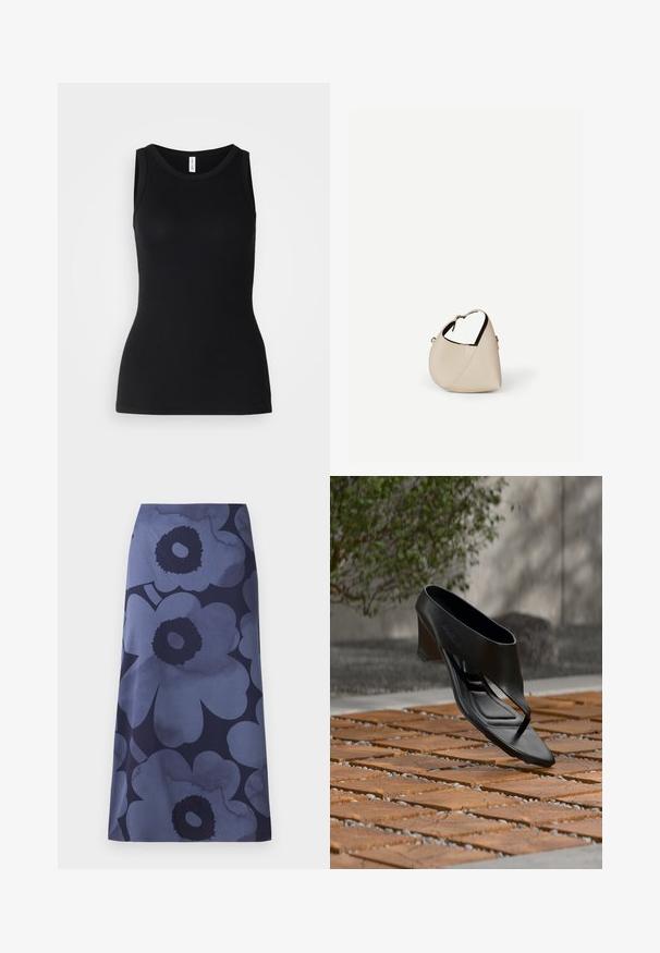 Top sin mangas negro hecho de tela acanalada, con un escote redondo y un diseño ajustado, con una textura suave y sin patrones.; Falda midi con estampado floral que presenta grandes flores azul oscuro sobre un fondo azul más claro; la tela parece suave con una textura ligeramente brillante.; Sandalia negra de tacón alto con tira entre los dedos, flotando sobre una superficie exterior de madera y grava con patrón, con vegetación desenfocada y pared al fondo.; Bolso de cuero beige en forma de media luna con una sola correa para el hombro y costuras mínimas, colocado sobre un fondo blanco liso.