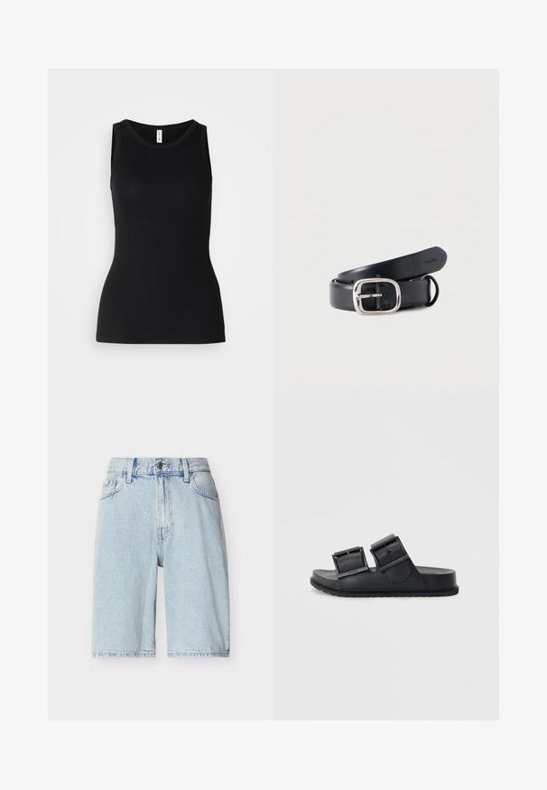 Zwarte mouwloze tanktop van ribbelstof, met een ronde halslijn en een nauwsluitend ontwerp, met een gladde textuur en zonder patronen.; Lichtblauwe denim shorts met hoge taille, knoop- en ritssluiting, riemlussen en voorzakken.; Zwarte schuursandalen van textuur materiaal met twee verstelbare banden met gespen. Vlakke zool met een gemusterde loop voor grip.; Zwarte leren riem met een rechthoekige zilveren gesp. Glad oppervlak, met gaten voor verstelbaarheid en een merknaam aan de binnenkant.
