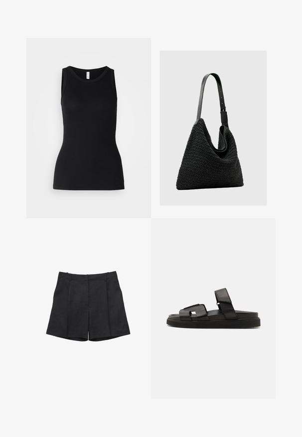 Débardeur noir sans manches en tissu côtelé, avec un col rond et une coupe ajustée, à la texture douce et sans motifs.; Short noir sur mesure avec plis devant, passants de ceinture et poches latérales, présenté sur un fond blanc.; Sandales slide en cuir noir avec une large bande design à découpes géométriques et une finition texturée, complétées par une semelle en caoutchouc épaisse.; Sac fourre-tout noir tissé avec un corps doux et texturé et une base plate, équipé d'une lanière d'épaule en cuir noir lisse et d'une forme arrondie.