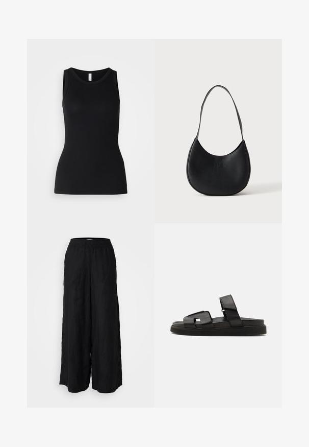 Top sin mangas negro hecho de tela acanalada, con un escote redondo y un diseño ajustado, con una textura suave y sin patrones.; Pantalones anchos negros de lino con una cinturilla elástica. La tela tiene una textura mate y fluye libremente desde la cintura hasta los tobillos.; Sandalias planas de cuero negro con diseño de tiras anchas con recortes geométricos y un acabado texturizado, complementadas con una suela gruesa de goma.; Bolso de hombro negro de cuero en forma de media luna con una sola correa y el nombre de la marca en relieve sutil sobre un fondo liso y claro.