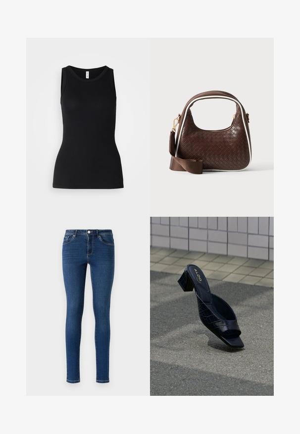 Zwarte mouwloze tanktop van ribbelstof, met een ronde halslijn en een nauwsluitend ontwerp, met een gladde textuur en zonder patronen.; Skinny denim jeans in donkerblauw. Beschikt over een klassieke vijf-pocketstijl, metalen knoopsluiting en subtiele stiksels langs de naden.; Zwarte mule-sandaal met krokodillenpatroon, vierkante neus en blokhak, rustend op een gestructureerde ondergrond nabij een betegelde muur.; Bruine geweven leren handtas met witte bies, gouden ritssluiting en afneembare bruine stoffen schouderriem.