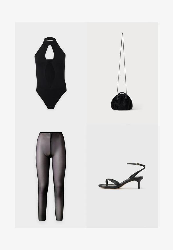 Body noir sans manches avec col halter et découpes en forme de goutte au niveau de la poitrine et du ventre, fermeture à pression à l'entrejambe.; Leggings noirs transparents avec une taille haute et une texture lisse. Présente un design sans couture et une silhouette ajustée.; Sandale pour femme en cuir noir avec fines lanières, une boucle d'orteil, une boucle à la cheville et un talon aiguille de hauteur moyenne sur un fond neutre.; Petit sac à main noir en fausse fourrure avec poignées tressées sur le dessus et longue bandoulière fine sur fond uni.