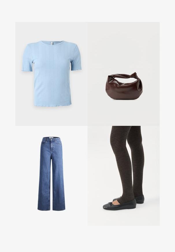 Lichtblauw, kortmouwig, geribd gebreid shirt met subtiele verticale patronen en geschulpte randen aan mouwen en zoom.; Lichtblauwe denim wijde jeans met een hoge taille, twee voorzakken en zichtbare stiksels. Voorzien van een knoop- en ritssluiting.; Benen met donkere geribbelde leggings gecombineerd met zwarte ballerina's met kleine strikdetails op een witte achtergrond.; Donkerbruine leren schoudertas met een zachte, slungelige vorm en een gedraaide knoopvormige handgreep op een effen witte achtergrond.