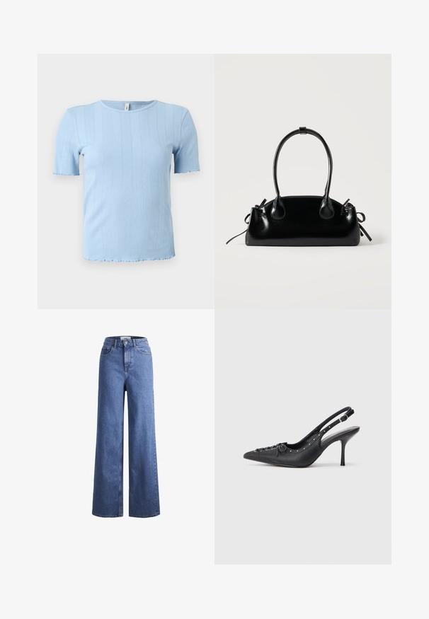 Hellblaues, kurzärmeliges Rippstrickoberteil mit dezenten vertikalen Mustern und wellenförmigen Kanten an Ärmeln und Saum.; Helleblaue Denim-Weite-Leg-Jeans mit hoher Taille, zwei vorderen Taschen und sichtbarer Naht. Mit Knopf- und Reißverschluss.; Schwarzer Leder-Slingback-Stiletto mit spitzem Zehenaufsatz, seitlichem Schnallenriemen, Nieten entlang der Kante und dekorativer Schnürung vorne.; Kleine schwarze glänzende Handtasche mit zwei langen Griffen und seitlichen Kordelzug-Details vor einfachem hellem Hintergrund.