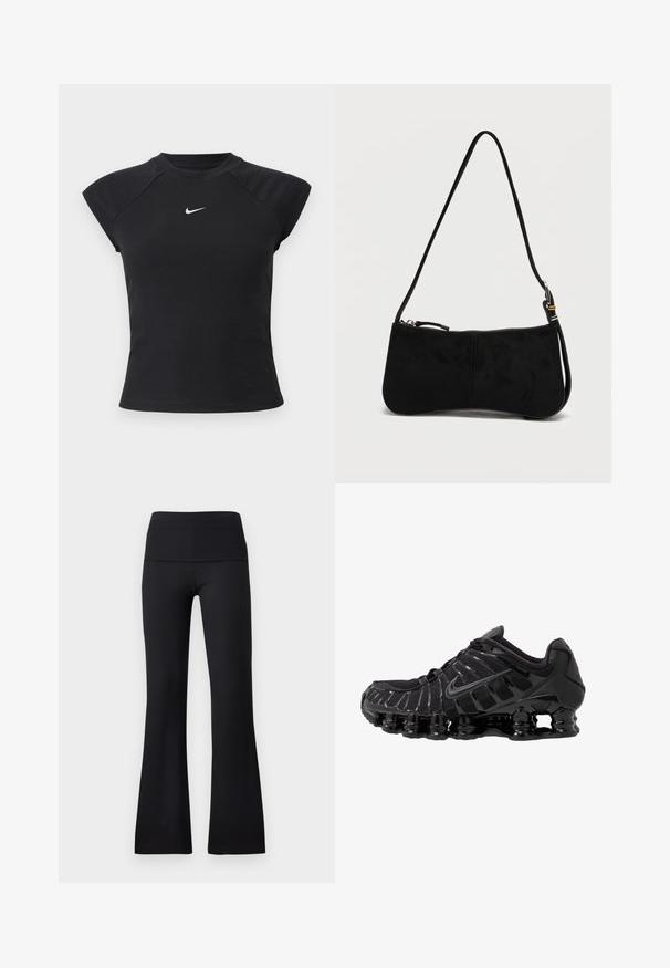 Zwart kortermig shirt met een geribbelde textuur, voorzien van een ronde hals en een klein wit Nike-logo op de borst.; Zwarte geribbelde uitlopende leggings met een brede tailleband, voorzien van een gladde textuur zonder zichtbare hardware of patronen.; Zwarte sportieve schoen met mesh-bovenwerk en glanzende overlays. Bevat afgeronde spoelvering en textuur lijnen aan de zijkant. Nike-logo zichtbaar.; Zwarte suède schoudertas met ritssluiting en een dun verstelbaar bandje tegen een effen witte achtergrond.