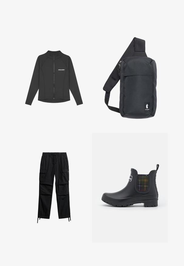 Veste à manches longues zippée noire en matériau lisse et extensible. Dotée d'un col haut et du logo 'PEGADOR' sur la poitrine gauche.; Pantalon cargo noir en tissu léger, doté de plusieurs poches latérales, d'une taille ajustable avec cordon de serrage, et de bas resserrés.; Barbour KINGHAM - Bottes en caoutchouc - black; Sac bandoulière noir en tissu durable, doté d'une sangle rembourrée et respirante, de compartiments zippés, et d'une étiquette logo à l'avant.