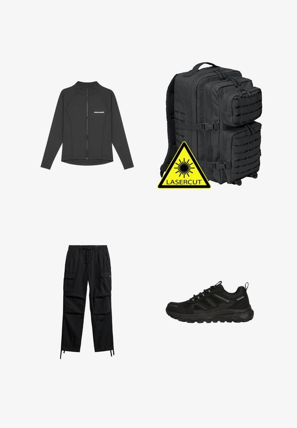 Sort langærmet zip-up jakke lavet af glat, strækbart materiale. Har en høj krave og 'PEGADOR' logo på venstre bryst.; Sorte cargobukser lavet af letvægtsstof, med flere sidelommer, justerbar snøre i taljen og tilspidsede manchetter.; Sort vandtæt sportsko med en struktureret mesh-overdel, gummisål, elastiske snørebånd og minimale reflekterende detaljer for synlighed.; Sort taktisk rygsæk med flere rum, polstret mesh-ryg og laserskårne detaljer; inkluderer forstærkede lynlåse og justerbare stropper.
