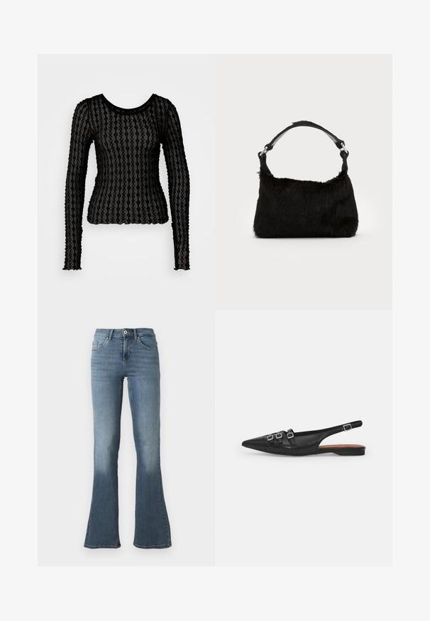 Sort langærmet top lavet af gennemsigtig, tekstureret stof med et bølget stribemønster. Har en rund halsudskæring og rynkede ærmekanter.; Lyseblå jeans i denim med høj talje, knap- og lynlåslukning, lommer foran og bagpå samt vide ben.; Sort læderslyngeflad sko med spids tå, der har to vandrette stropper og firkantede sølvspænder, lav hæl og glat tekstur.; Sort faux fur håndtaske med en blød tekstur, rund form og en robust skulderrem i sort læder. Synlige sølvhardware-detaljer.