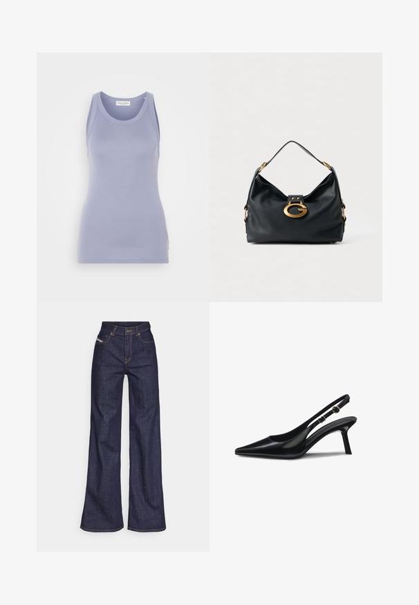 Licht lila top met spaghettibandjes en een aansluitend ontwerp, gemaakt van een soepele gebreide stof. Kenmerken zijn een ronde halslijn en brede schouderbandjes, minimale branding.; Donkerblauwe wijde jeans van denimstof met een hoge taille, voorzien van oranje stiksels, een vijf-pocket ontwerp en een knoopsluiting.; Zwarte slingback hakken van lakleer met een puntige neus, slanke hak en een verstelbare band met een cirkelvormig accent. Gladde, glanzende afwerking.; Zwarte leren handtas met een gestructureerde afwerking, voorzien van een gouden hardware gesp en een enkele bovenhandgreep. Compacter, hobo-stijl ontwerp.