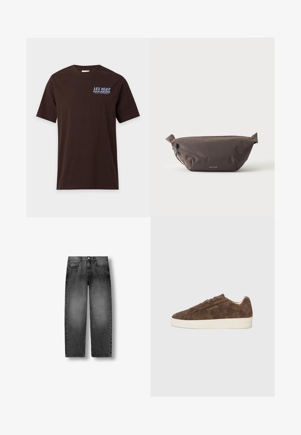 T-shirt marron foncé à manches courtes avec petit texte bleu clair "LES DEUX" et texte blanc supplémentaire sur la poitrine gauche.; Jean denim noir délavé à jambe droite avec bouton frontal, fermeture éclair et conception à cinq poches, présenté à plat sur un fond blanc.; Baskets en daim marron avec une silhouette basse, un bout arrondi et une semelle en caoutchouc blanc. Elles présentent des lacets foncés et un logo discret sur le côté.; Sac banane en tissu marron foncé avec poche zippée en diagonale et petit logo blanc sur le devant, sur un fond clair uni.