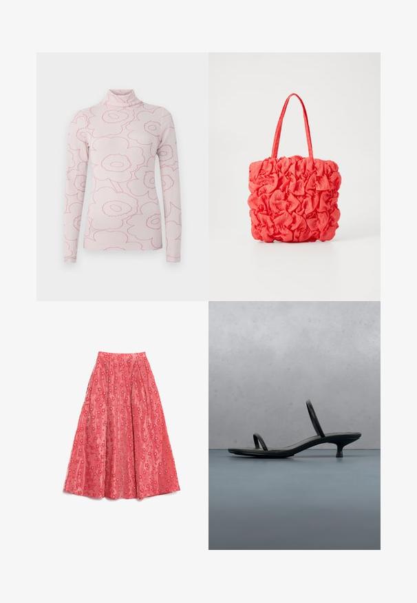 Lichtroze coltrui met lange mouwen, voorzien van een bloemenpatroon in een donkerder roze omlijning. Zacht materiaal, aansluitend ontwerp.; Vloeiende koraalkleurige maxirok van textuurstof, met een bloempatroon en kleine witte accenten, en plooien voor volume.; Zwarte Calvin Klein sandaal met hoge hak en dunne bandjes, in balans op houten tegels buiten, vlakbij een muur en groen.; Koraal kleurige schoudertas met een gestructureerd, geplooid ontwerp. Gemaakt van zacht materiaal, met twee stevige handvatten en een ruime binnenkant.