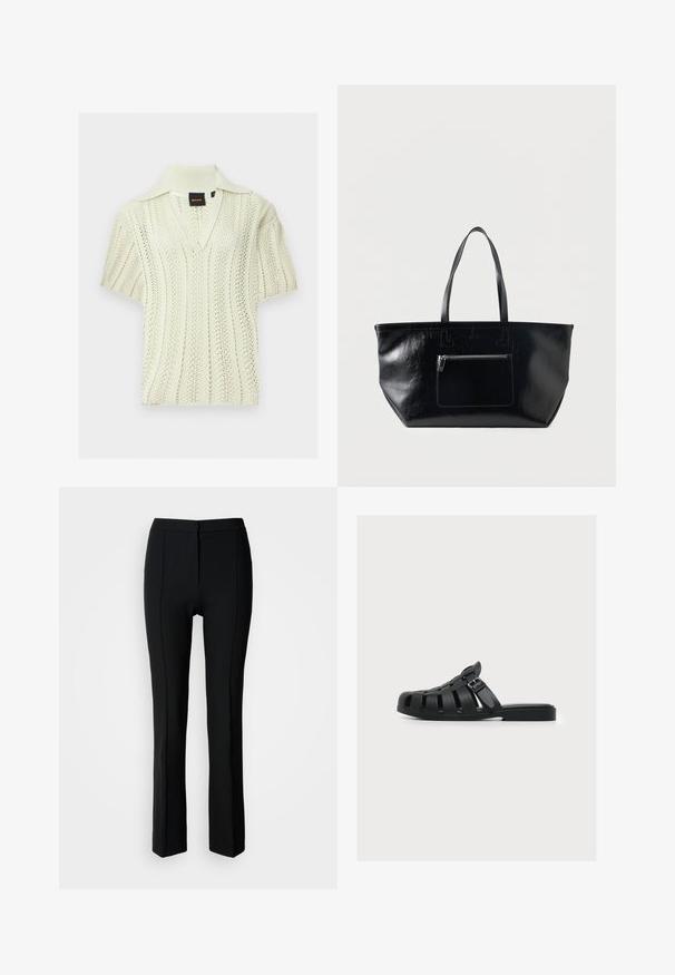 Top de punto color crema de manga corta con cuello en V y cuello puntiagudo, con un patrón calado texturizado y una etiqueta de la marca BOSS en el interior.; Pantalones negros de corte entallado, con una textura suave, diseño de pierna recta y sutiles detalles de costura en la parte delantera.; Sandalia de verano de cuero negro con tiras trenzadas, punta abierta, cierre lateral con hebilla y suela plana sobre un fondo liso.; Bolso tote de cuero negro con dos asas y un bolsillo frontal con cremallera, mostrado sobre un fondo liso y claro.
